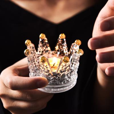 China Romantic Natural Decorations Packaging Crown New Gold Painting Glass Opens Decorative Ornaments Crown Candle Holder Crystal Centerpieces for sale