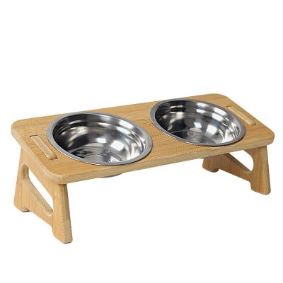 China Sustainable Elevated Dog Bowls Cat Food Elevated Small Stainless Steel Double Dog Bowls With Bamboo Wood Rack for sale