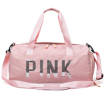 China Fashion Large Capacity Sports Duffel Bag Shoulder Bags Shape Travel Pink Letter Tote Trip Duffel Bag for sale