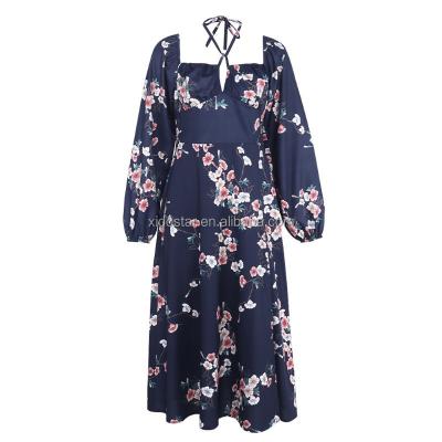 China New Breathable Swing Skirt Mid Waist Loose Mid Waist Long Lantern Long Sleeve High Length Floral Dress for sale