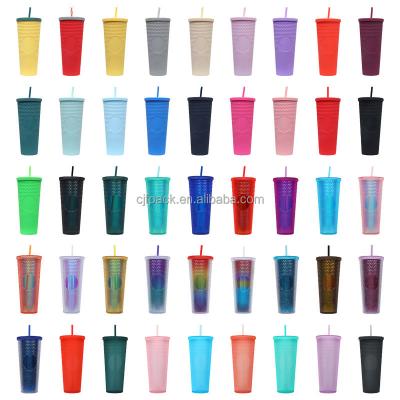 China Stocked CJF Custom Reusable 700ml Double Wall Bling Diamond Studded Cup Tumbler With Straw Plastic Studded Tumbler Cup With Lid for sale