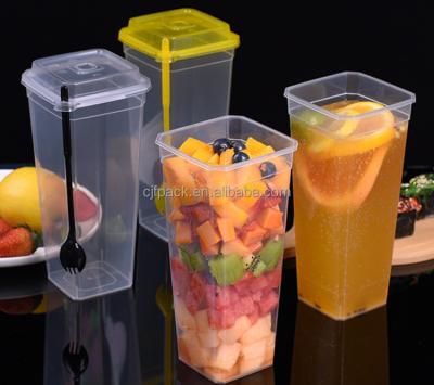 China Customize design to satisfy personal requirements CJF Customized Plastic Square Cups Fruits Cup with Forks Bubble Tea Disposable Plastic PP Hard Cup for sale