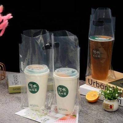 China Disposable Customize Logo Takeaway Plastic Clear Bag Single Double Bag Disposable Tea Cup Bags Holders Trays for sale