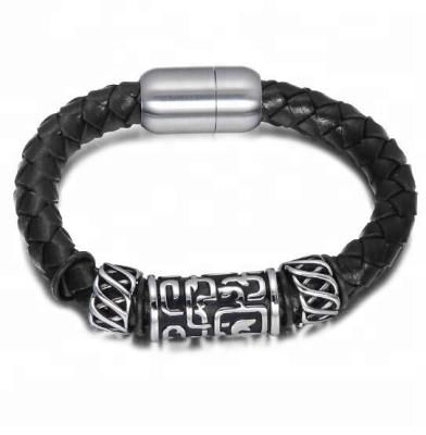 China Fashionable Personalized Bead Magnetic Male Pattern Stainless Steel Clasp Braided Leather Bracelet for sale