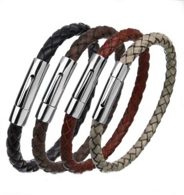 China Hot Sales CLASSIC Men's Braided Leather Bracelet Personalized Stainless Steel Magnetic Clasp Leather Bracelet for sale