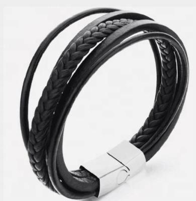 China Hot Promotional Personalized Men's Stainless Steel Magnetic Clasp Multi Strand Leather Bracelet for sale