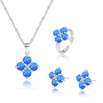 China Fashion Ethnic Silver Opal Four Leaf Clover Women Necklace MuXi S925 Fashion Jewelry Three Piece Set for sale