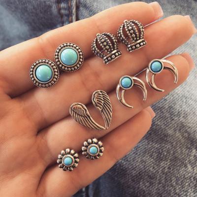 China New Romantic Bohemian Style Jewelry MuXi Crown Crescent Wings Inlaid Turquoise Studs Earring For Women Set for sale