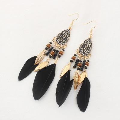 China MuXi retro pearl rice cute and fresh tassel earrings long metal leaf feather drop oil drop earrings female boho earrings for sale