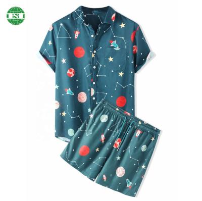 China QUICK DRY Custom Your Design Lounge Shorts Sleeve T Shirts Blue Space All Over Print Button Up T Shirt 2 Piece Sets For Men Women Kids for sale