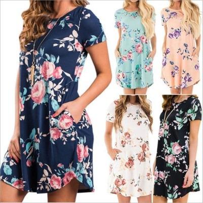 China Breathable Hot Selling T-shirt Summer Summer Amazon Casual Floral Print Skirt With Pocket Dresses For Women for sale