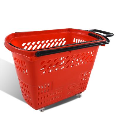 China Wholesale Custom Logo Stackable Supermarket Plastic Shopping Supermaerket Shopping Baskets With Wheel for sale