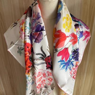 China Real Middle Twill 100% Silk Scarf Flower Design Hand Made Digital Roll 14MM Print Head Scarf For Muslim Women for sale