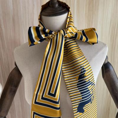 China Long 100% silk horse neck scarf pattern printed real roll hand made twill silk long scarf bag band for women for sale