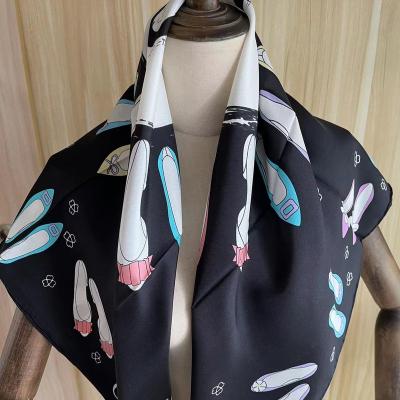 China 2023 Twill Roll Square Scarf 90*90cm Square Neck Scarf Hand Made Black 100% Pure Silk Head Scarf For Women Muslim Hijab for sale