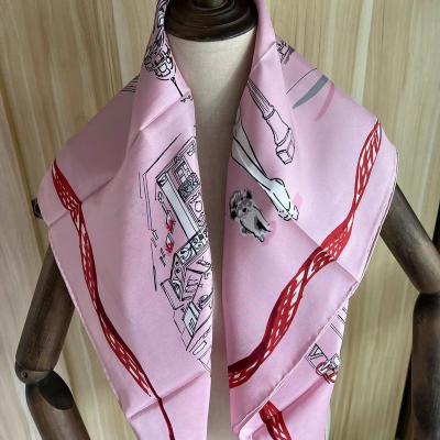 China Design 100% Pink Silk Top Square Scarf 35*35 Inch Pure Silk Hand Made Roll Main Neck Scarf Square Scarf For Women Muslim Hijab for sale