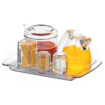 China Storage Clear Shaker Cruet Condiment Jar Set Canteen Hotel Condiment Organizer Acrylic Condiment Server for sale