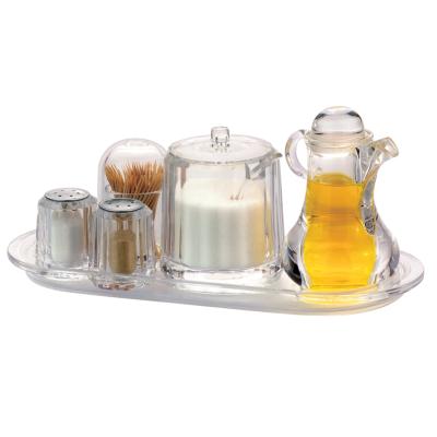 China Stored Hot Condiment Serve Jar Pepper Shakers Cooled Condiment Server Table Condiment Rack Acrylic Condiment Set for sale