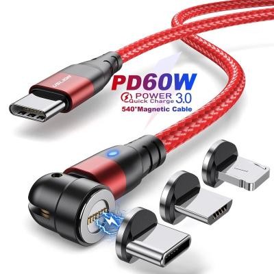 China Palladium 540 Degree Rotation Rise New 60W 3 in 1 Magnetic 540 Degree Type-C Charger Cable Micro Data USB Fast Charging Cable For Iphone Xiaomi OPPO VIV for sale