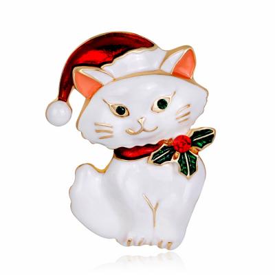 China Fashion C&J 2 Colors Vintage 18K Gold Plated Christmas Cat Enamel Brooch Delicate Crystal Rhinestone Anime Christmas Brooches for sale