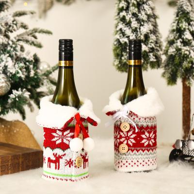 China Christmas Table Decoration HB-657 Christmas Wine Bottle Cover Collar Button Coat Design Wine Bottle Sweater for sale