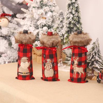 China Christmas table decoration YQ-666 Buffalo Plaid Wine Bag Faux Fur Wine Bottle New Clothes Wine Bottle Cover Decorations for sale