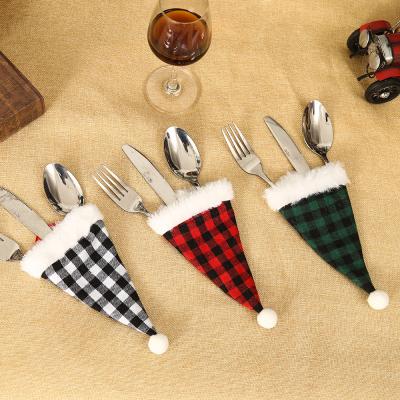 China YQ-226 Fashionable Christmas Dinner Cutlery Holder Sets Red Plaid Christmas Knife Fork Bags Christmas Cutlery Cover for sale