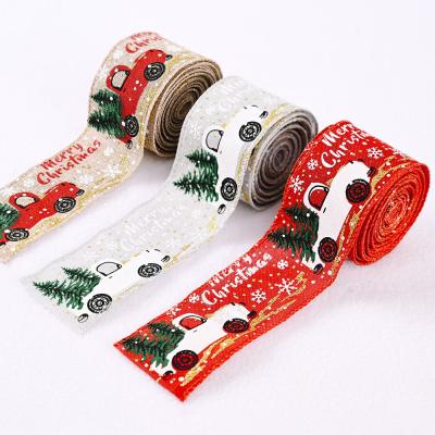 China Christamas Tree Decoration HB-607 5cmx5m Christmas Ribbon Wired Edge Merry Christmas Tree and Truck Wrapping Ribbon for sale