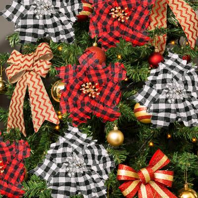 China HB-327 Christmas Tree Topper Bow Fashionable Red Plaid Fabric Flower for Christmas Ornaments Garland Decoration Decor for sale