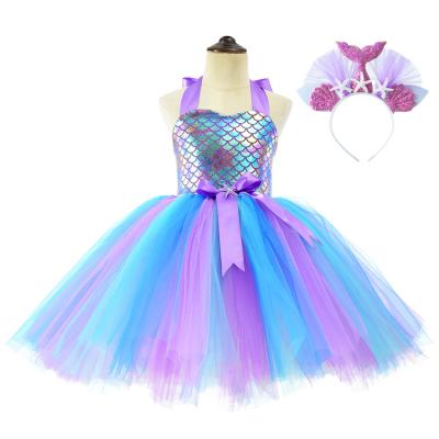 China BH-429 Mermaid Tutu Dress Girls Halloween Birthday Party Role Play Costume Washable Princess Mermaid Dress Up Clothes With Headband for sale