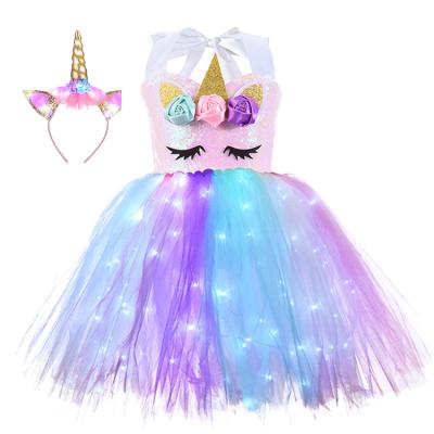 China BH-427 Little Girls Washable Led Rainbow Unicorn Tutu Dress With Headband For 2-12 Years Old Birthday Gift for sale