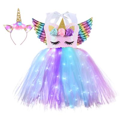 China BH-426 Lovely Washable Princess Children Clothing Wear LED Unicorn Sequin Tutu Girl Dress Birthday Party with Headband and Wing for sale