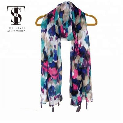 China Stunning Colorful High Quality 100% Polyester Spring Fashion Scarf Long Hijab For Girl With Tassel for sale