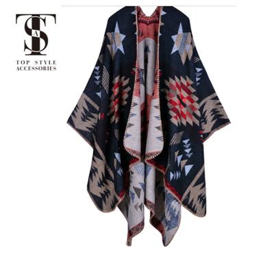 China Fashion Women Winter Ladies Jacquard Poncho Soft Smooth Feeling Tribal Coats for sale