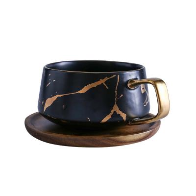 China Gold Coffee Cup Matte Luxury Cup Ceramic Water Coffee Tea Milk Viable Nordic Marble Coffee Cups Ceramic Cup With Wood Saucer/Lid for sale