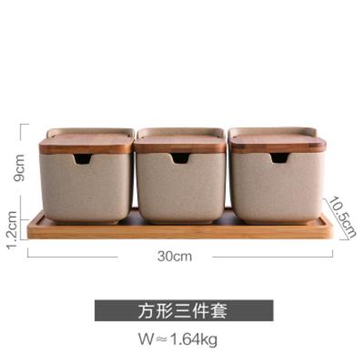 China Home Kitchen Stored Set Of 3 Spice Storage Condiment Jar Ceramic Spice Container With Bamboo Lid for sale