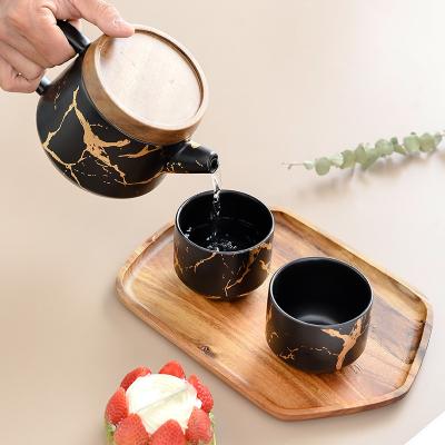 China Hot Selling Luxury Modern Teapot Viable Ceramic 4 Piece Tall Teapot Marble Tea Set Tea Set With Wooden Tray for sale