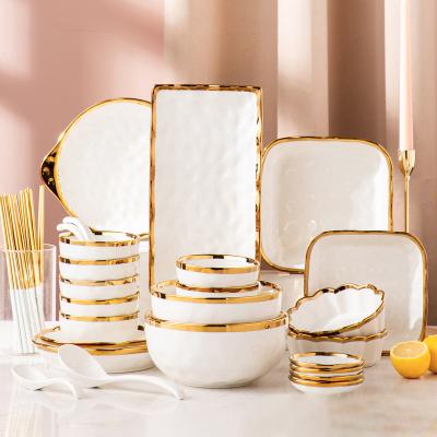 China Viable Nordic White Ceramic Gold Rim Hotel Dinner Plate Porcelain Dinnerware Set for sale