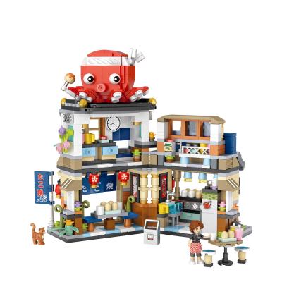 China Mini Building Blocks Toy Japanese Food Takoyaki Shaved Ice Cream Shop Figure Brick Toy Street View Building Blocks for sale