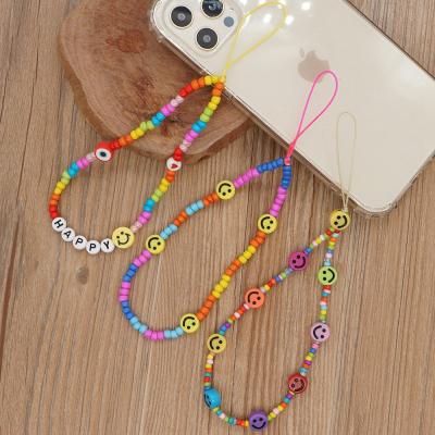 China Mobile Crystal Cell Phone Beads Lanyard chains phone jewelry for women smile face strap hangs phone accessories for sale