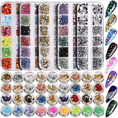 China Bling Nail Art DIY Decoration Flatback Nail Art Rhinestones For Nail Crystal, 5 Box 11440pcs Luxury Rhinestone Nail Stone Set With Foil Flakes for sale