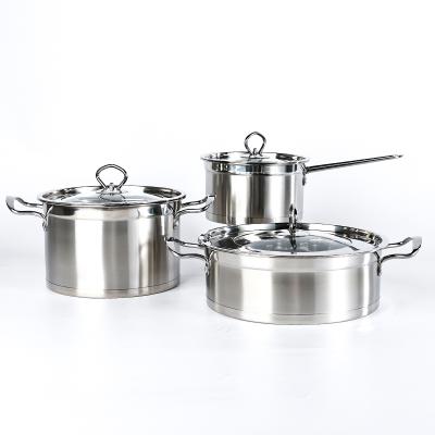 China Stocked Manufacturer 3 Pcs Large Stainless Steel Cooking Pot Set Wholesale Cheap Round Pans Non Stick Cookware Sets for sale