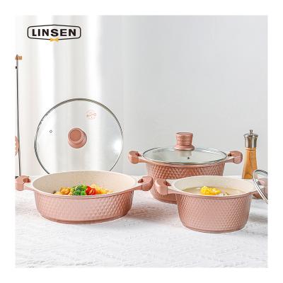 China 304 Pink Aluminum Non Stick Stocked Stainless Steel Kitchen Granite Cookware Set Marble Soup Pot With Lid Serving for sale