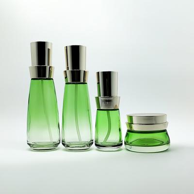 China Wholesale Custom Skincare Cosmetic Empty Cosmetic Container Set Beatuy Cream Jar Make Up Oil Glass Bottle With Screw Cap Green Serum Jars for sale