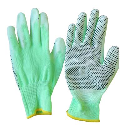 China Hot Selling 13 Gauge Anti-smash Polyester Fluorescent Green Nylon Liner With Dotted PVC And Dip PU Material Glove for sale