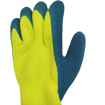 China Winter Use Hot Sale Safety Protection Winter Use 7 Gauge Fluorescent Yellow Acrylic Terry Liner Dip Latex Crinkle Gloves for sale