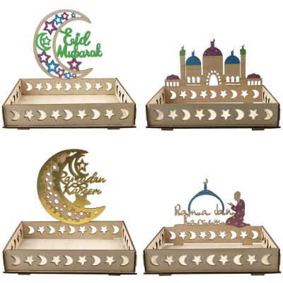 China Islamic Ramadan Wood Party Serving Tray Al Adha Eid Fitr Moon Chiffon Plywood Cavity Letter LED Light Food Table Desk Decoration for sale