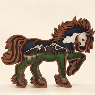 China Europe wood carving animal craft creative holiday home laser carving horse wood craft desktop decorations for sale