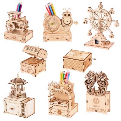 China 2021 Amazon Best Seller DIY 3D Wooden Puzzles Music Gifts Safety Musical Box Vehicle Wooden Multi Use Mechanical Model Beautiful Adults for sale