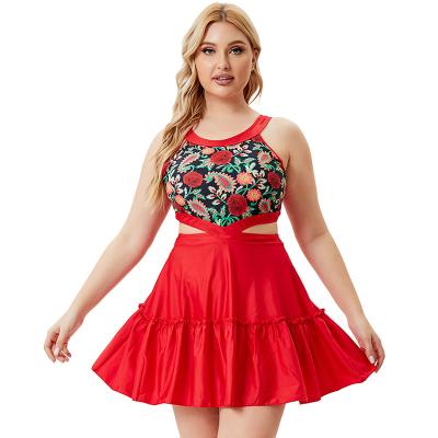 China Breathable Tummy Control Women Plus Size Bikini With Dress 2022 Rose Print Red Sexy 2 Piece Swimsuit Beach Wear For Big Breast Ladies for sale